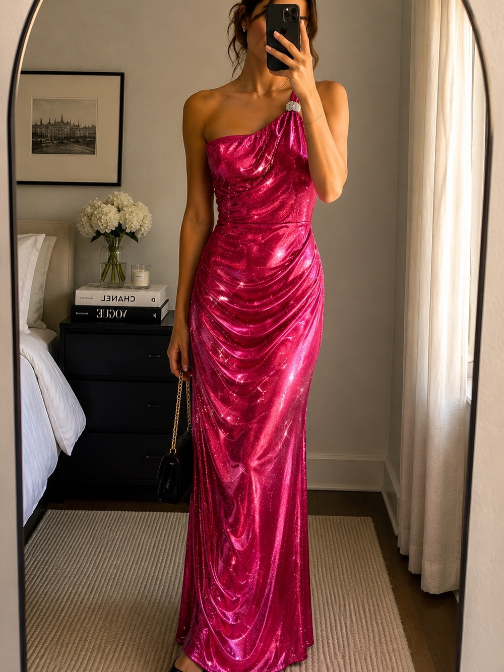 Sequin Hearts Pink Sparkly One Shoulder Gown Size Small Ruched Y2K Prom Dress
